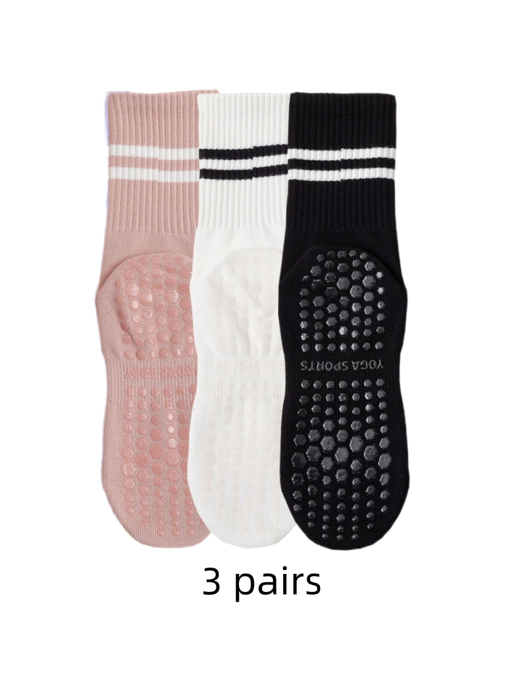 Medias Para Pilates Y Yoga - ถุงเท้าโยคะ 3 คู่ ความยาวปานกลาง ทำจากผ้าฝ้ายบริสุทธิ์ มีซิลิโคนกันลื่น