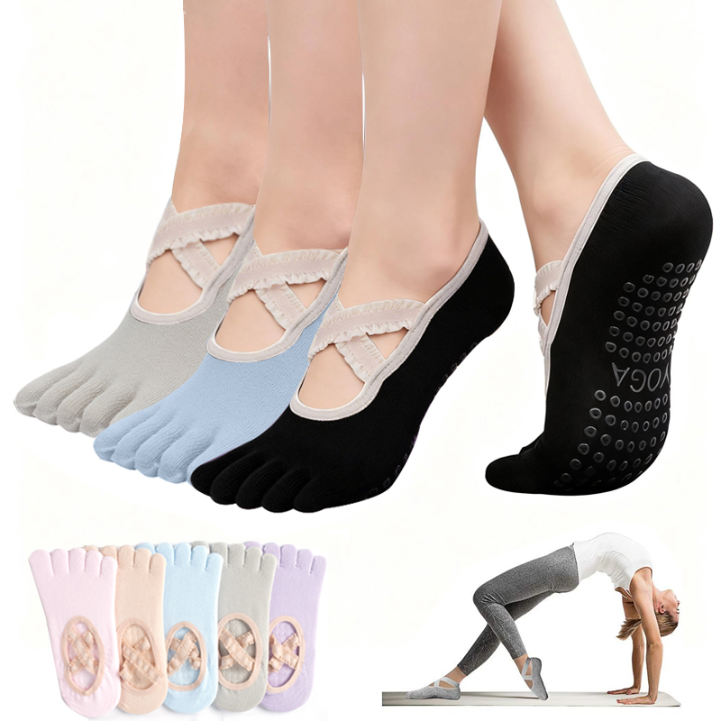 Medias Para Pilates Y Yoga - ถุงเท้าพิลาทิสกันลื่นสำหรับผู้หญิง ถุงเท้าโยคะแบบผูกเชือก ถุงเท้ากีฬาฟิตเนสระบายอากาศ ถุงเท้าบัลเลต์สำหรับสตูดิโอพิลาทิส