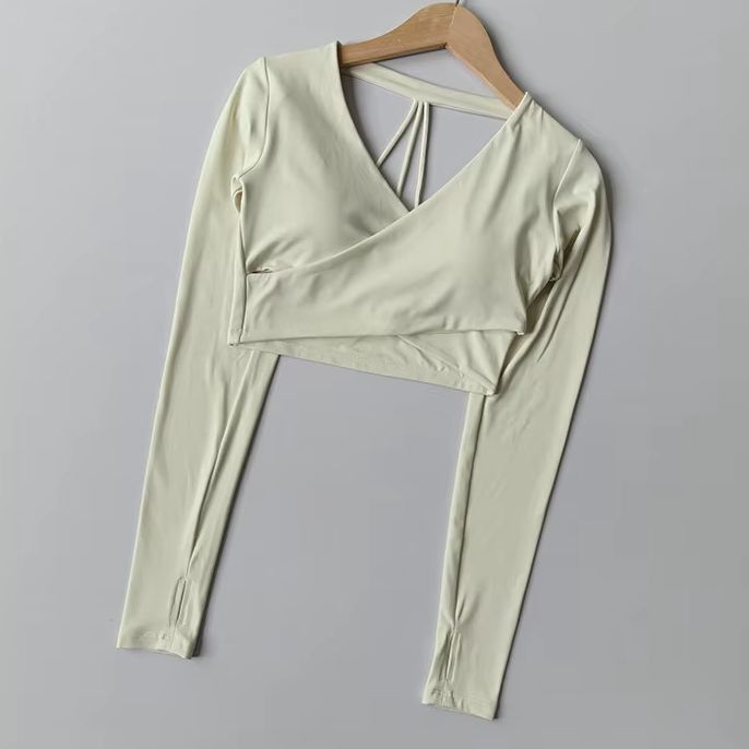 เสื้อครอปท็อปแขนยาวคอวีสำหรับผ - Pilate Yoga Workout บทวิจารณ์และราคา